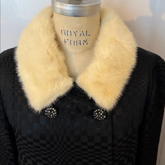 Couture Handmade Vintage 50’s/60’s Car Coat Real Fur Trim Rhinestone buttons